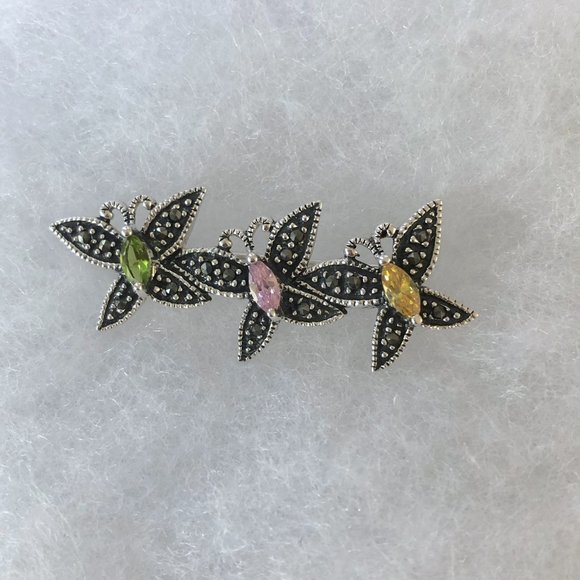 Sterling Silver Marcasite Butterflies Pin w/Green, Pink & Yellow Faceted Crystal - Picture 2 of 6